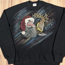 Vintage Christmas 80s Holiday Santa Reindeer Sleigh Sweatshirt Ornaments L/XL