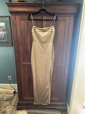 Windsor Gold Satin Maxi Dress Side Slit Spaghetti Strap Lined Sleeveless L