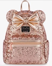NEW Disney Parks Loungefly Sequined Rose Gold Mini Backpack Minnie Ears NWT