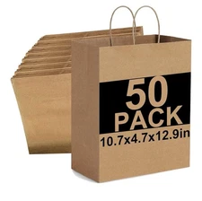 50 Pcs Brown Paper Gift Bags. With Handles. Size Length 10.2 Width 4.7 Tall 12.9