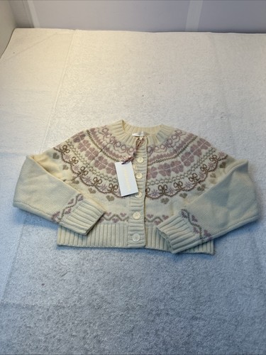 LoveShackFancy Girls Kremowy/Różowy Kardigan Sweter 100% Wełna Rozmiar M Nowy z metkami - Zdjęcie 4 z 11