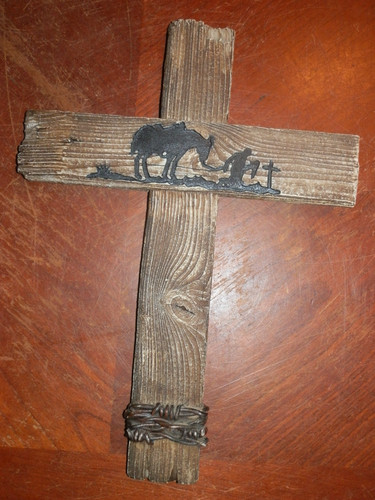 Western Kneeling Cowboy With Horse In Prayer At Calvary Resin Wall Cross 14"