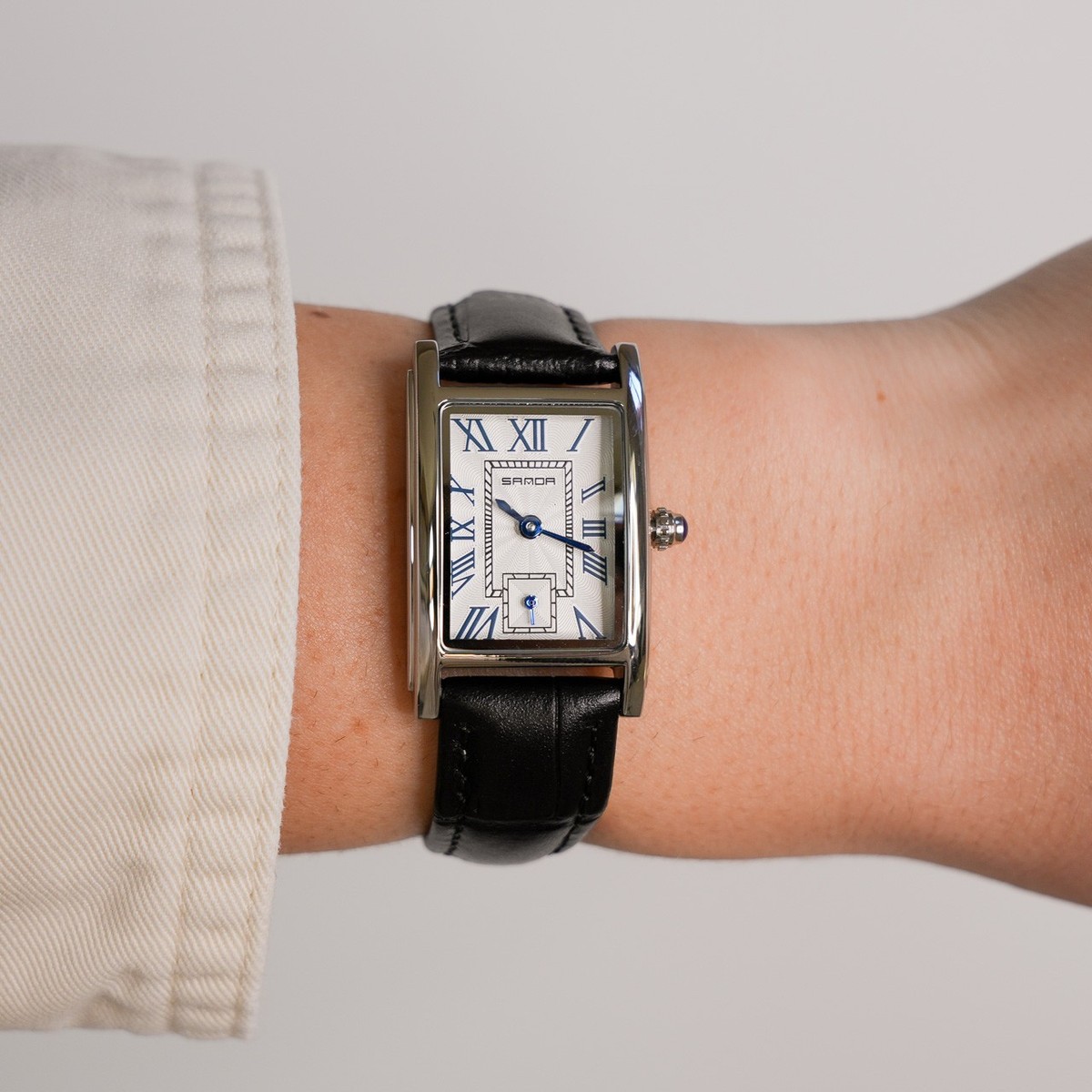 Vintage style Silver Square analog Watch black leather Band  display picture 1