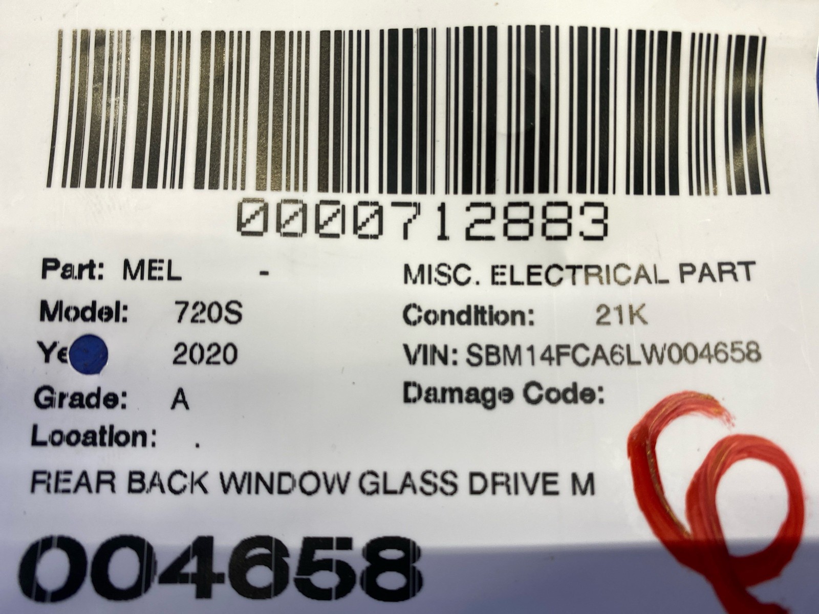 2018-2023 MCLAREN 720S REAR BACK WINDOW GLASS DRIVE MOTOR UNIT 1723081B 1729280B