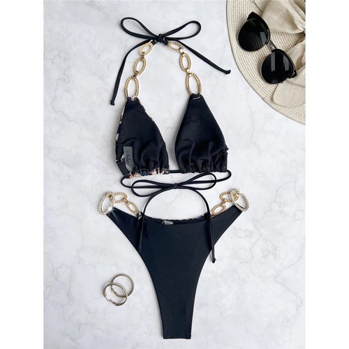 Neu Diamant Strass Leopard Bikini Damen Bademode Zweiteiliges Bikini Set - Bild 22 von 34