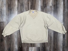 Vintage Russell Athletic Crewneck Large Tan Box Cut V Notch Distressed USA Made