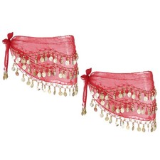 2 Pcs Belly Dance Hip Scarf 57x11" with 72 Gold Coin, Red