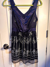 Bay Studio Evenings Navy Silver Mesh Embroidered Beaded V-Neck Cocktail Dress M