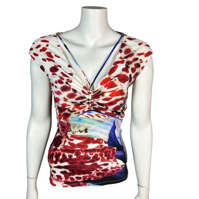 Y2K Roberto Cavalli top Small Red White Animal Print Snake Jersey Euro Summer