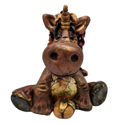 Custom OOAK Clay Unicorn Figurine Signed Gold Glitter Shimmer Pumpkin Fall