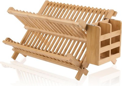 NEW WILLIAMS SONOMA NOVAYEAH BAMBOO WOOD 2 TIER FOLDING DISH UTENSIL DRYING RACK