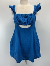 Free People Non Von Island Mini Dress Sz Medium Blue Pockets Cotton Linen Cutout