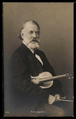 Prof. Joachim sitting with violin, postcard 