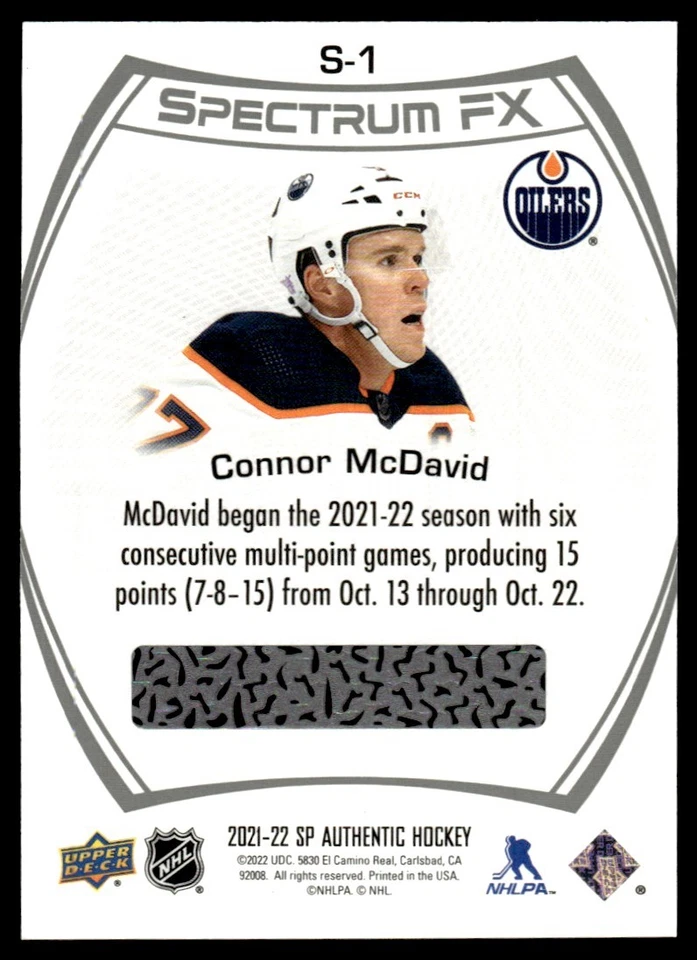 2021-22 SP Authentic Spectrum FX Connor McDavid Edmonton Oilers #S-1 - Image 2 of 2