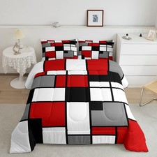 Geometric Grid Bedding Comforters Gray Black Red White Square Comforter Set f...