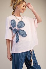 Easel Women's Paisley Bandana Flower Patch Knit Top in Blush Pink Size M