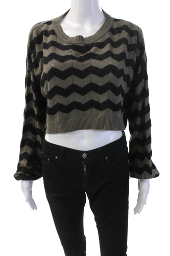 Planet by Lauren G Damen Cropped Chevron Print Langarm Strick Top Braun OS