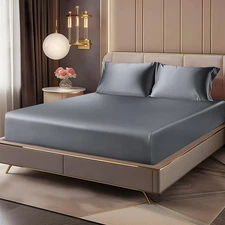 Satin Fitted Sheet and Pillowcases Set, Luxury Soft Similar to Silk Bottom Be...