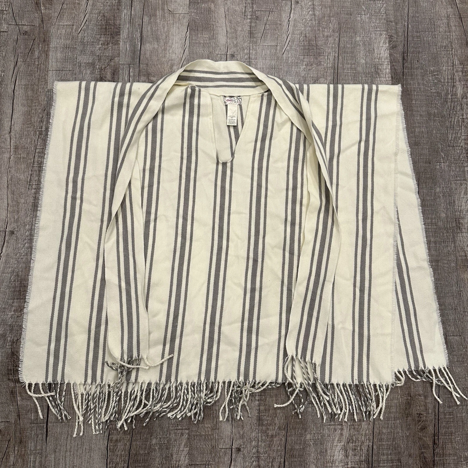 Free People Striped Poncho Wrap Cape Fringe Hem One Sz Cream Gray Boho Festival