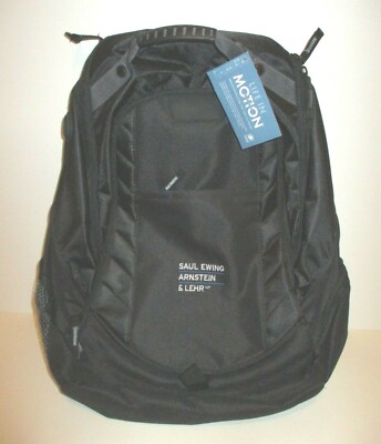 LIFE IN MOTION BLACK CANVAS BACKPACK CHECKPOINT FRIENDLY HAS LAW FIRM CO LOGO