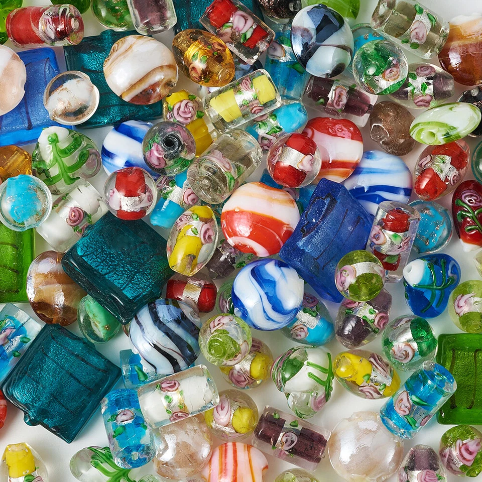 120pc/Box Handmade Silver Foil Lampwork Glass Beads Mixed Shape Colorful 11~20mm - Image 4 of 4
