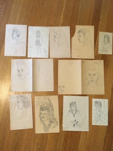 Collezione schizzi matita anni '40 in legno album di ritagli amatoriale outsider art - Foto 8 di 12