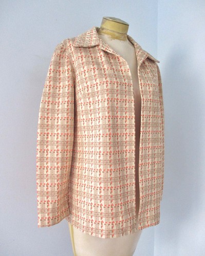 Vtg 60s 70s Coral Brown Geometric Open Front Secretary Jacket Dagger Collar L/XL - Picture 4 of 5