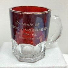 ANT Firemens Convention Souvenir 1912 Ruby Stained Mini Mug Shot Glass Gold Trim