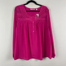 Isaac Mizrahi Live Lattice Yoke Henley Blouse Size XL Pink Long Sleeve Popover