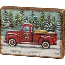 Primitive Christmas RED TRUCK Wood Block Shelf Sitter 5.25"x 4"  Winter