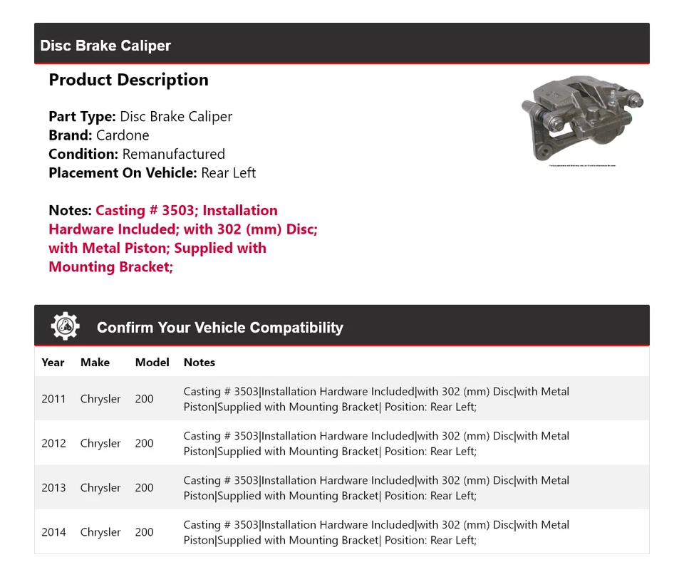 Задний левый суппорт дискового тормоза Chrysler 200 2011-2014 годов выпуска Cardone 2012 2013 годов выпуска - Изображение 2 из 4