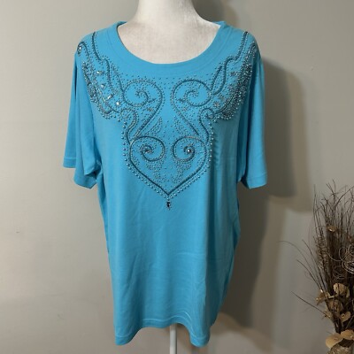 Venezia Vitale Knit T-shirt Top Woman Teal Blue Beaded Front Round Neck Sz 2X ?!