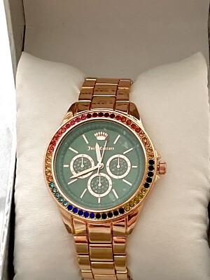 Juicy Couture Black Label Womens Rose Gold Watch Rainbow Crystals