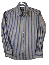 Hugo Boss Men s Shirt Large Gray Stripe 100 Cotton Fitted Button-Up Excellent
