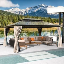 Domi 16x12ft Hardtop Gazebo Double Polycarbonate Roof Canopy W/Curtains and Net