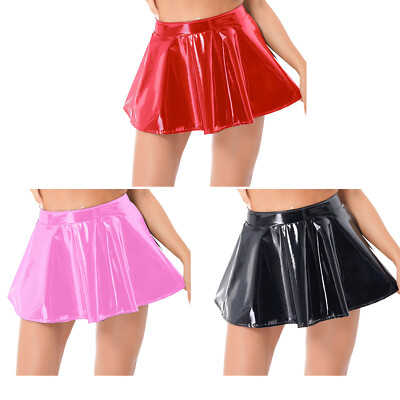 Damen Sexy Wetlook Minirock Kurz Flary Rock Lackleder Party Plisseerock Clubwear