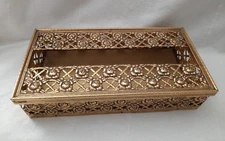Vintage 2 Pc Filagree & Rose Floral Gold Tone Metal Rectangular Tissue Box Cover