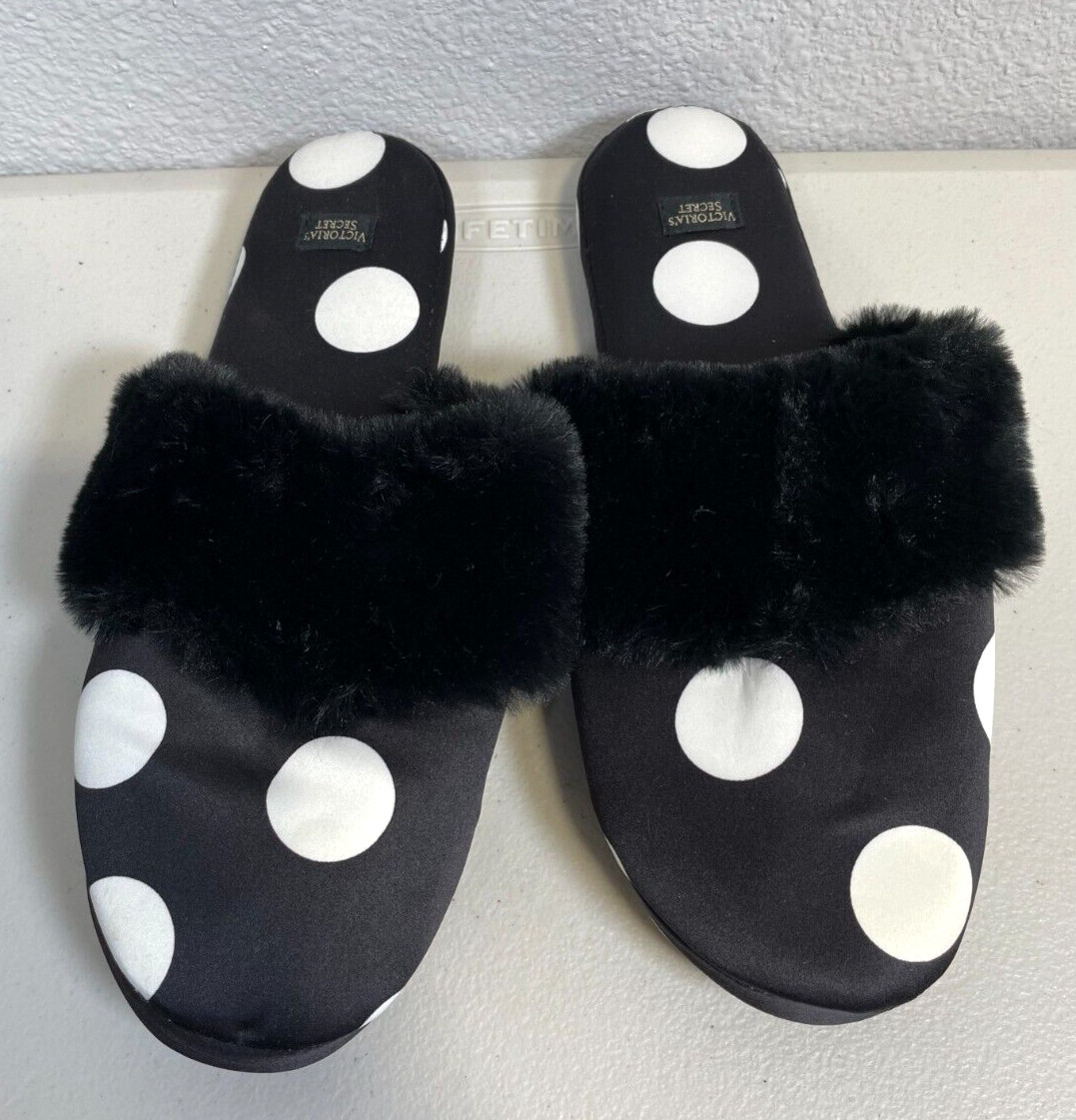 Victoria's Secret Womens Satin Slippers Black White Polka Dot Sz M (8) Faux Fur