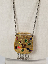 Vintage Tibetan Metal Cash Pill Stash Pouch Gold Amulet Tincture Dangler Chain