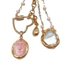 17" White Baroque Pearl Chain Collier Pink Shell Facial Coin Pearl Charm