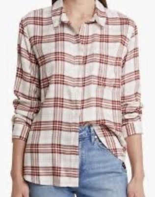 Treasure & Bond Women s Burgundy Plaid Boyfriend Button Up Shirt Soft Flannel M