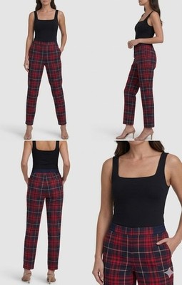 Zara Basic Christmas Chino Pants Womens M Red Navy Plaid Academia Checkered