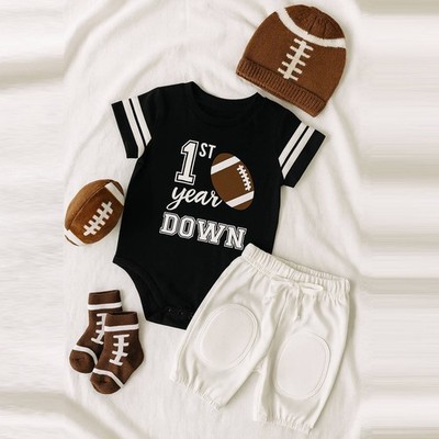 First Year Down 1st  Birthday Custom Football Uniform Jersey Outlined Football