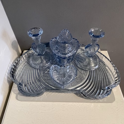 Vintage Samuel Reich Blue Glass Dressing Table Set Candle Dish Lid Tray Art Deco