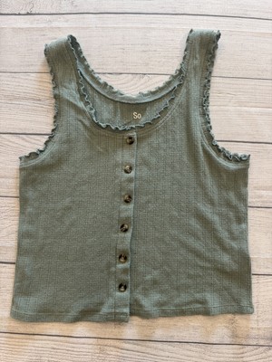 So Tank Top Womens Large Green Button Front Sleeveless Ribbed Ruffle Trim Summer