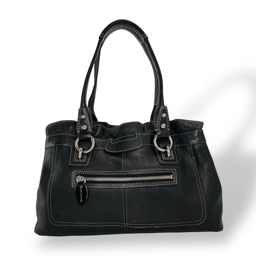 COACH Black Leather Tote Shoulder Embossed Logo Hand Bag DDP USA Shipping 4296