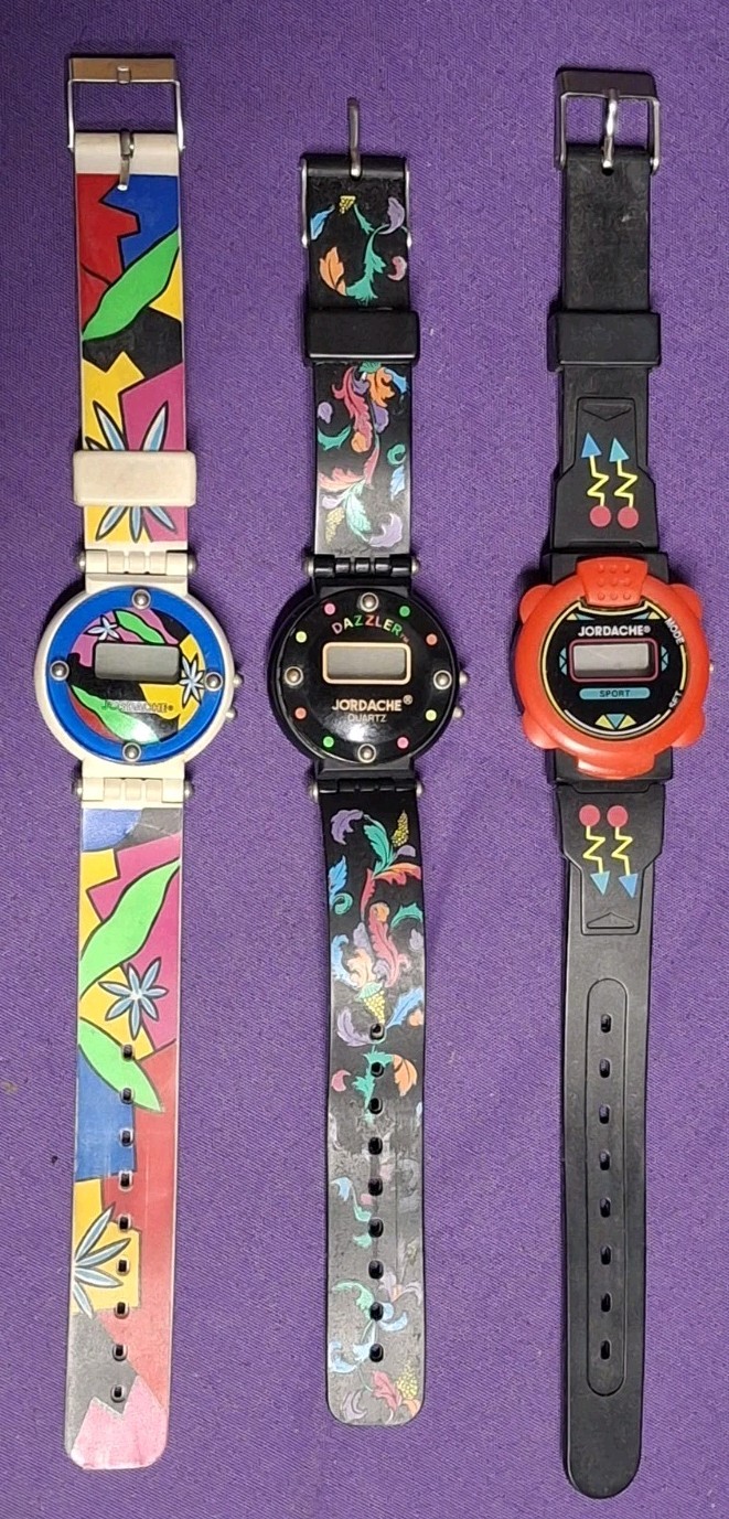 3 Vintage 80s Jordache Watch Digital Face Pop Art Design Multicolor Untested