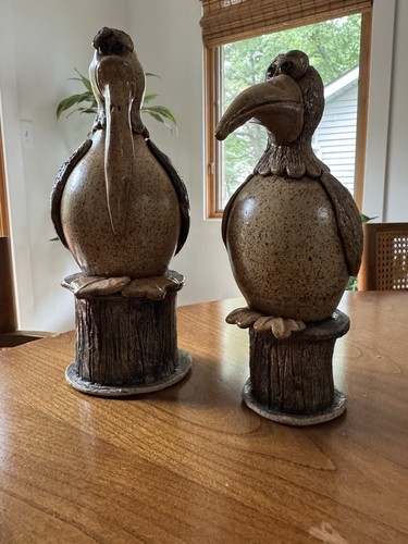 Pottery Pelican Pair 9” 11” Handmade Signed Beach Shore