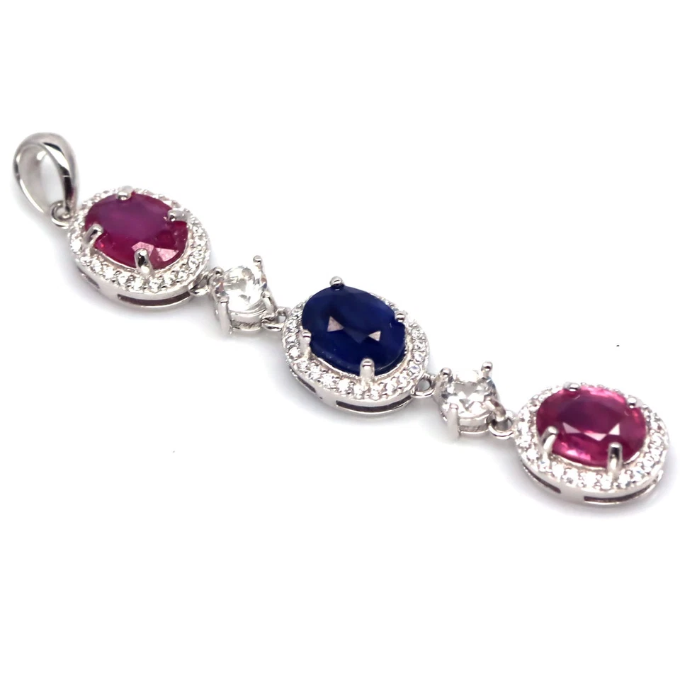 925 Sterlingsilber 6 x 7 mm Roter Rubin, Blauer Saphir & Weißer Zirkon Anhänger - Bild 2 von 4