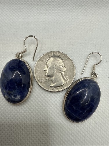 Blue Lapis Oval Earrings 925 STERLING SILVER Genuine and Natural - Picture 4 of 5